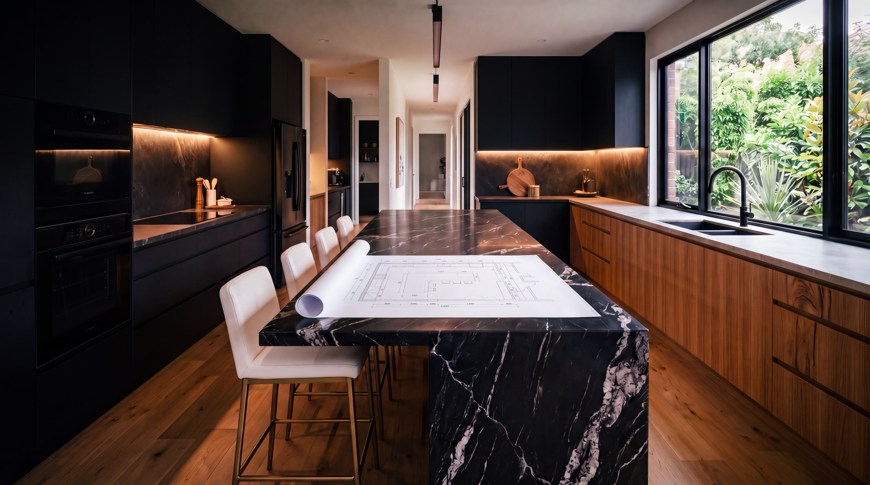 Fertig eingebaute helle Küche mit Terrazzo-Insel im Morgenlicht
