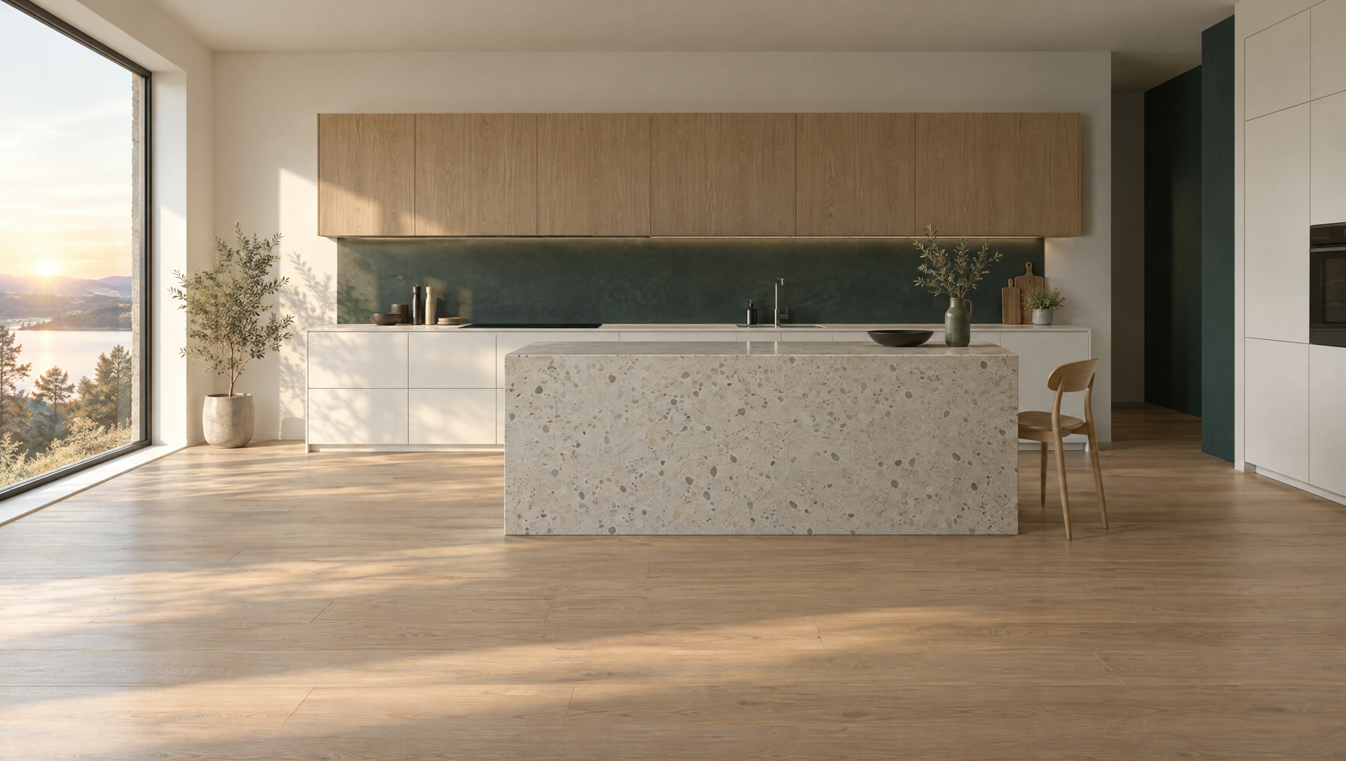 Ausstellungsküche mit Terrazzo-Insel und Hängeschränken aus heller Eiche